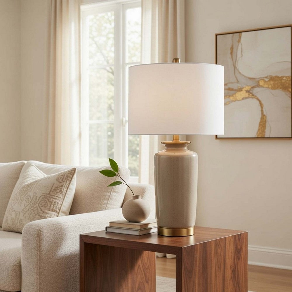 Table Lamp | White Drum Shade | 26" Sand Gray Ceramic Vase Base