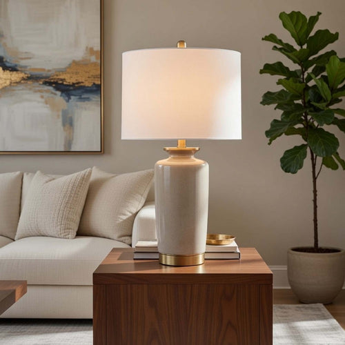 Table Lamp | White Drum Shade | 26" Sand Gray Ceramic Vase Base