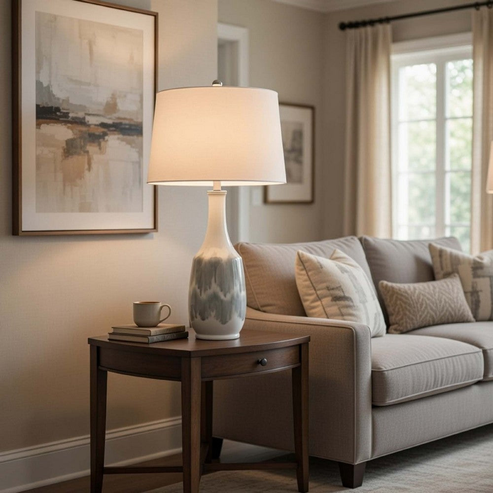 Table Lamp | Drum Shade | 29" White | Smokey Gray Swirl Ceramic Base