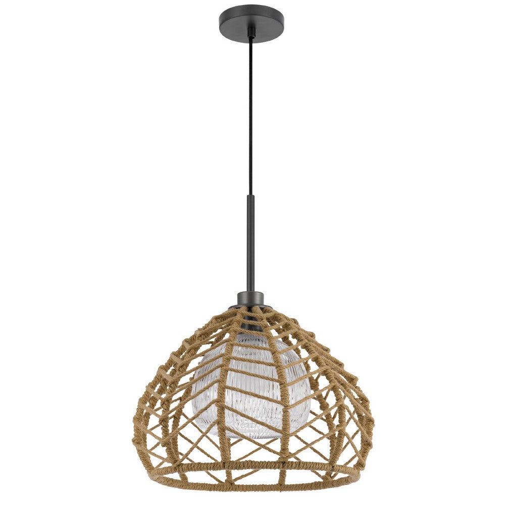 Ceiling Pendant Light | Braided Burlap Dome Shade | 21" Black Metal