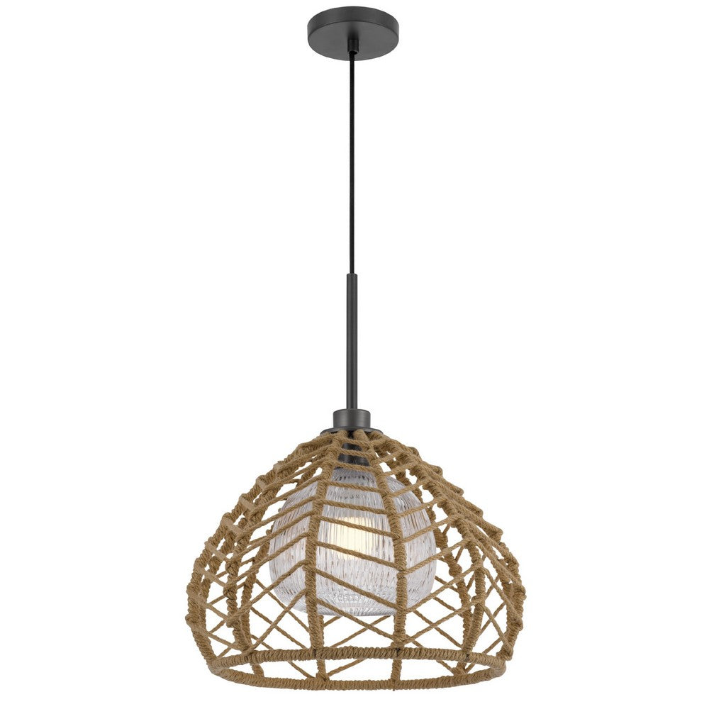 Ceiling Pendant Light | Braided Burlap Dome Shade | 21" Black Metal