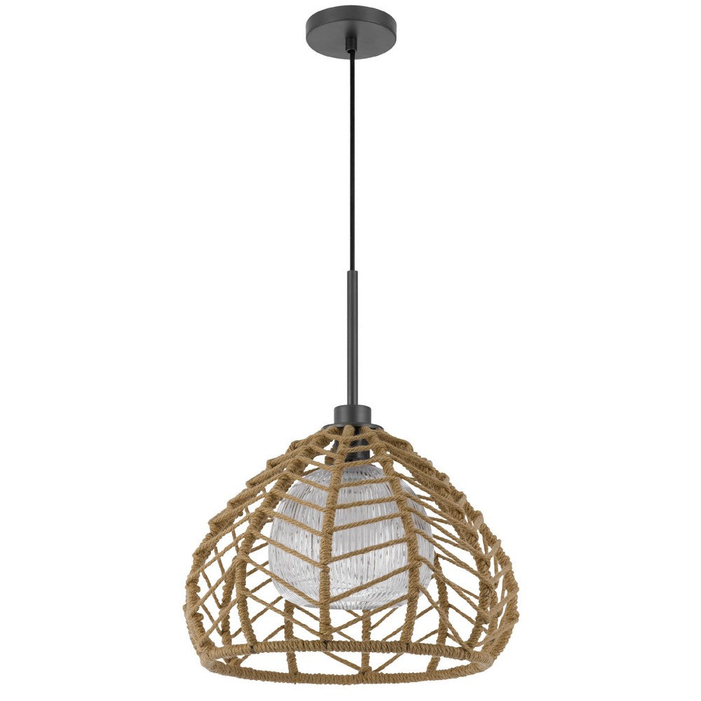 Ceiling Pendant Light | Braided Burlap Dome Shade | 21" Black Metal