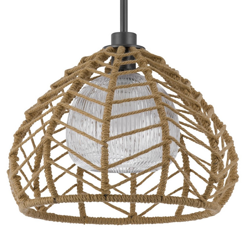 Ceiling Pendant Light | Braided Burlap Dome Shade | 21" Black Metal