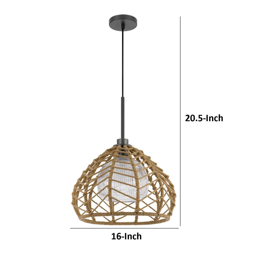 Ceiling Pendant Light | Braided Burlap Dome Shade | 21" Black Metal