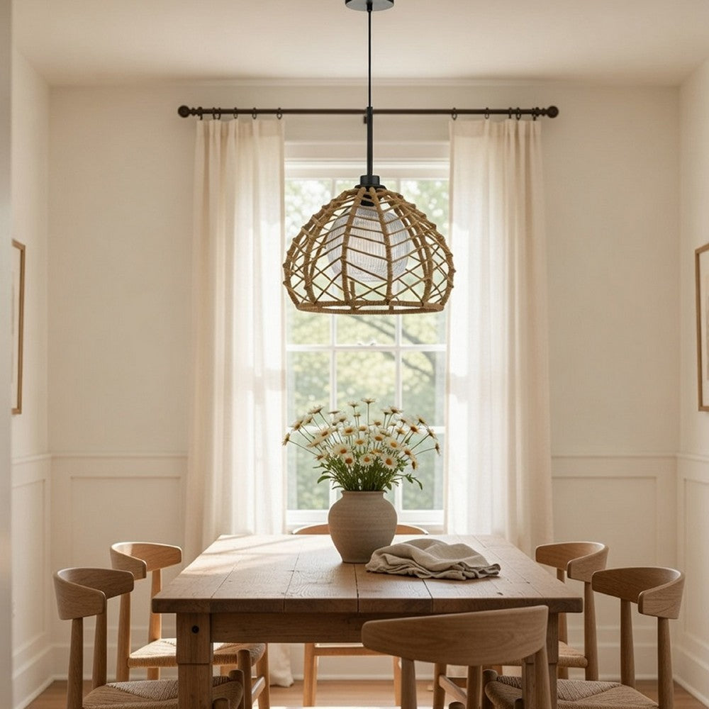 Ceiling Pendant Light | Braided Burlap Dome Shade | 21" Black Metal