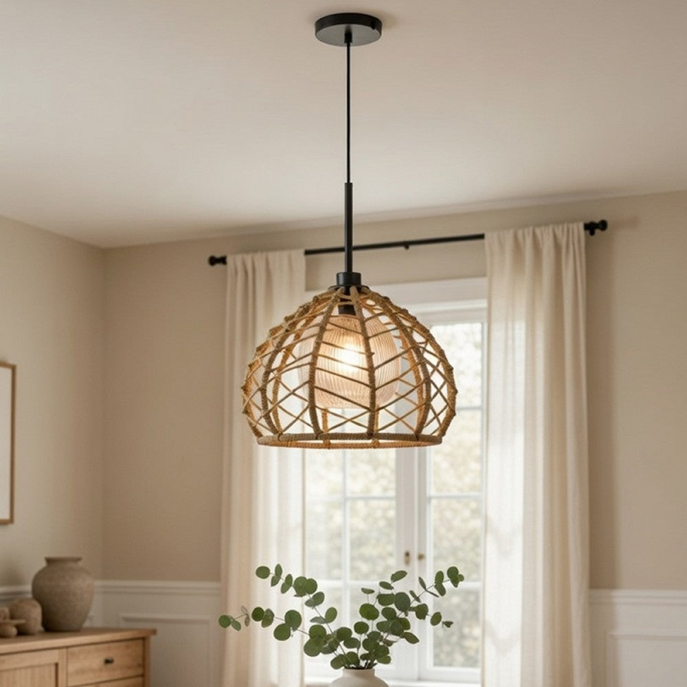 Ceiling Pendant Light | Braided Burlap Dome Shade | 21" Black Metal