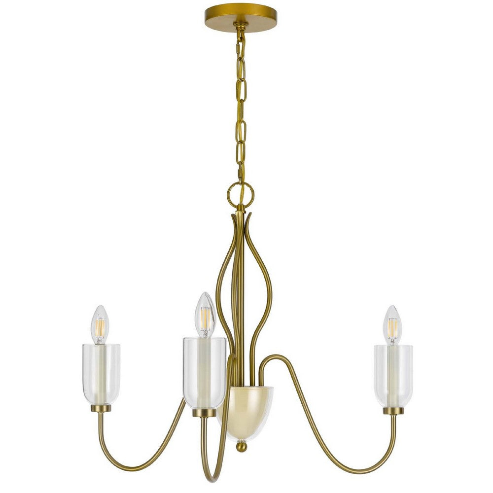 3 Light Candelabra Chandelier with Glass Shades | 25" Antique Brass