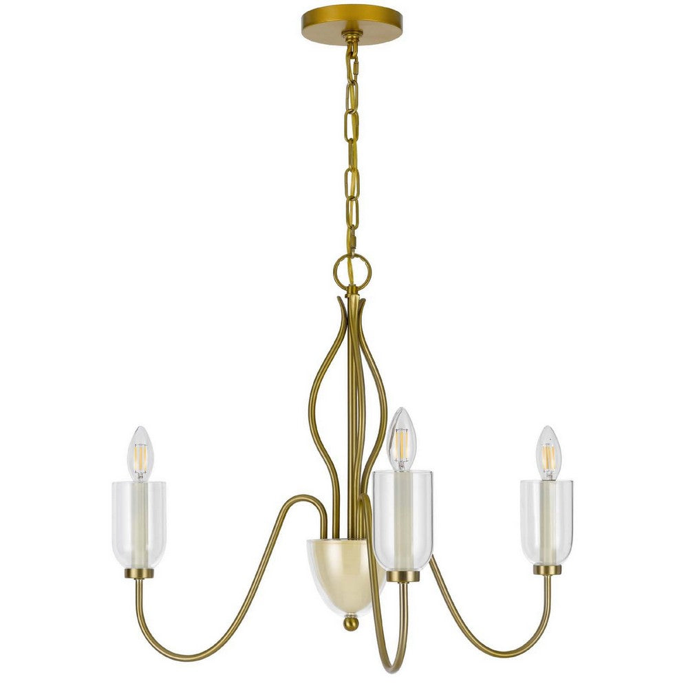 3 Light Candelabra Chandelier with Glass Shades | 25" Antique Brass