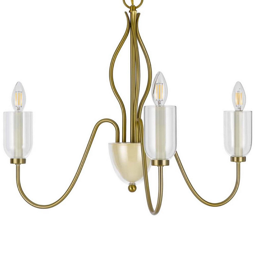 3 Light Candelabra Chandelier with Glass Shades | 25" Antique Brass