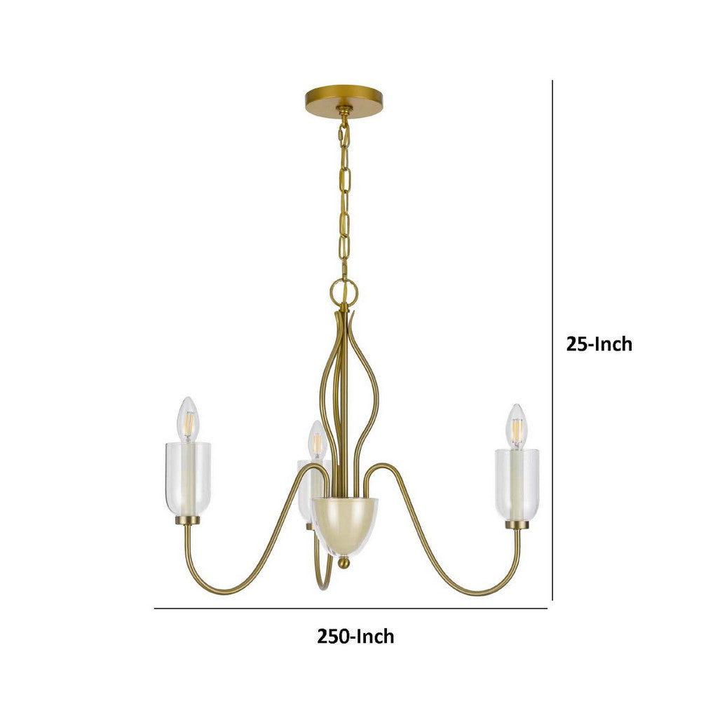 3 Light Candelabra Chandelier with Glass Shades | 25" Antique Brass