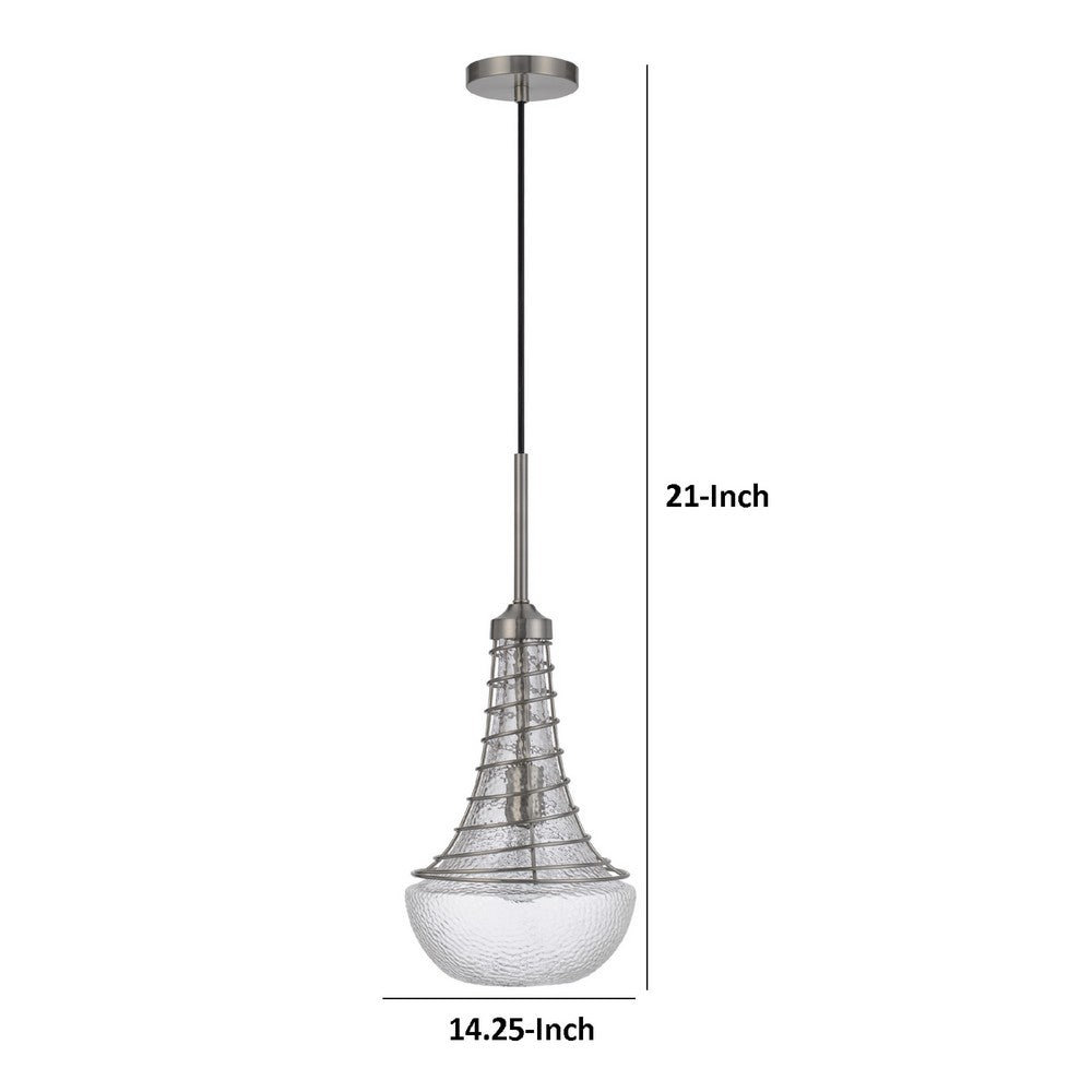 Ceiling Pendant Light | Brushed Steel Corkscrew Accent | 21" Glass