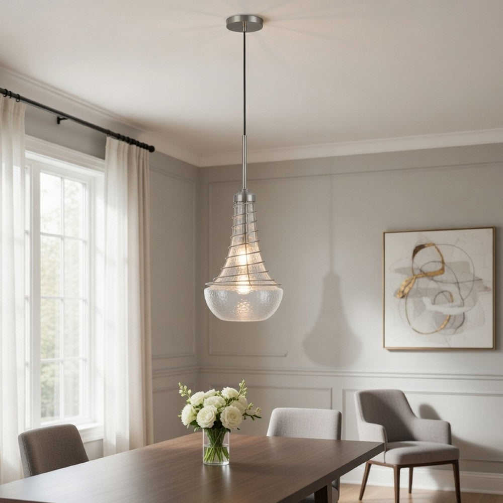 Ceiling Pendant Light | Brushed Steel Corkscrew Accent | 21" Glass