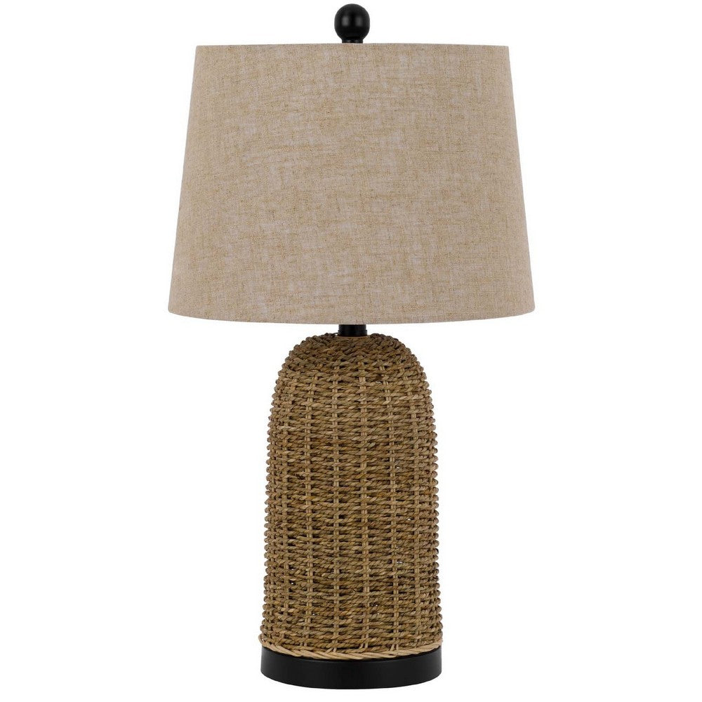 Table Lamp | Brown Drum Shade & Corn Leaf Wicker Woven Base | 24"