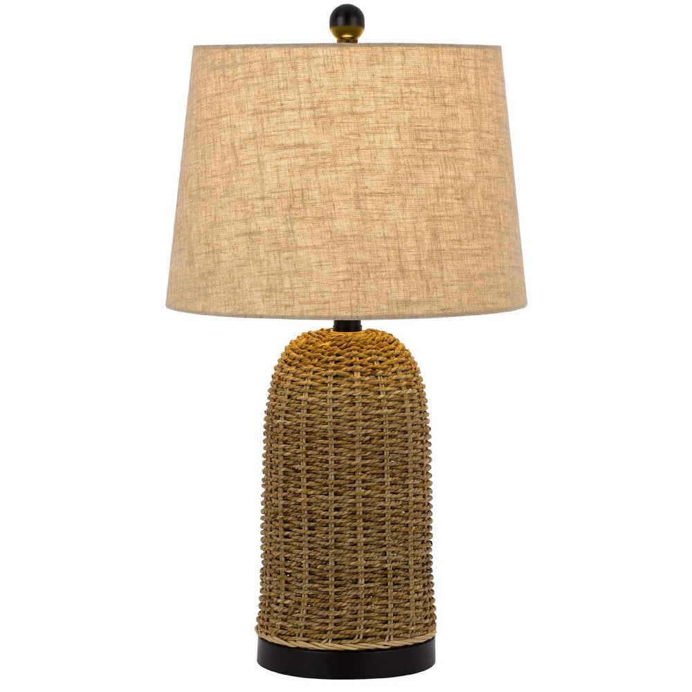 Table Lamp | Brown Drum Shade & Corn Leaf Wicker Woven Base | 24"