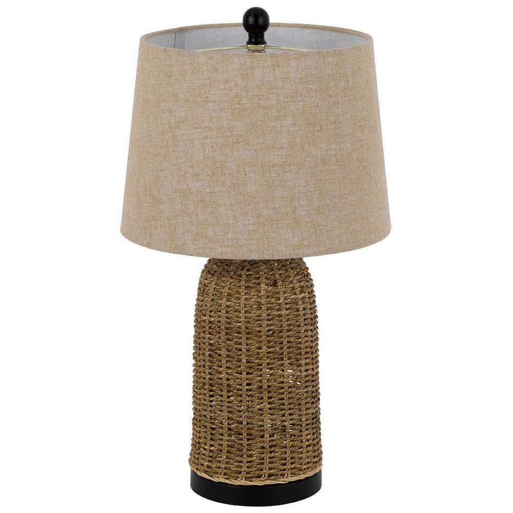 Table Lamp | Brown Drum Shade & Corn Leaf Wicker Woven Base | 24"