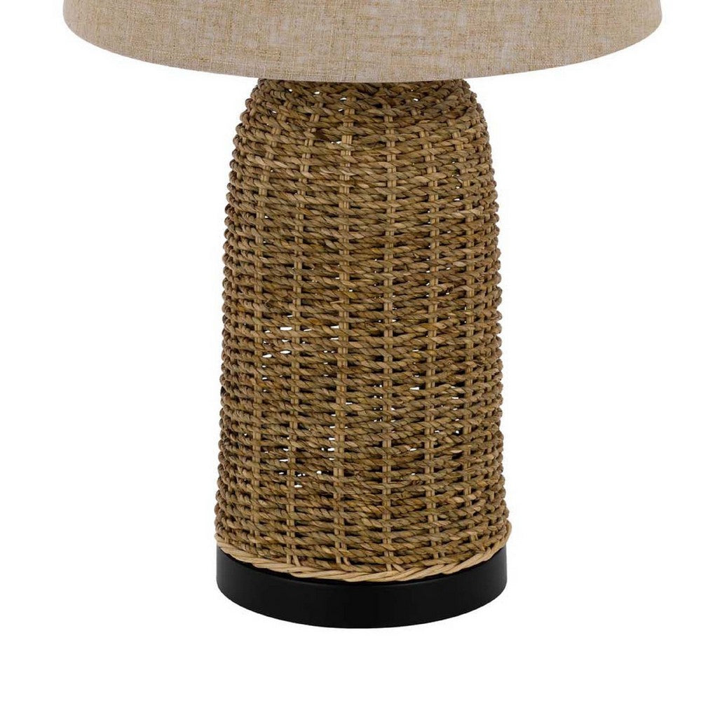 Table Lamp | Brown Drum Shade & Corn Leaf Wicker Woven Base | 24"