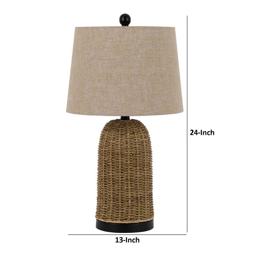Table Lamp | Brown Drum Shade & Corn Leaf Wicker Woven Base | 24"