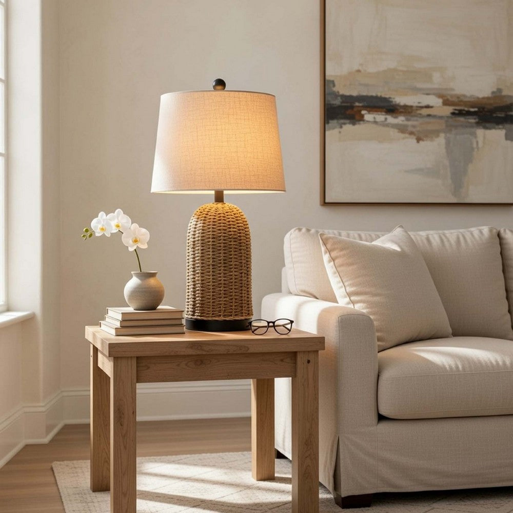 Table Lamp | Brown Drum Shade & Corn Leaf Wicker Woven Base | 24"