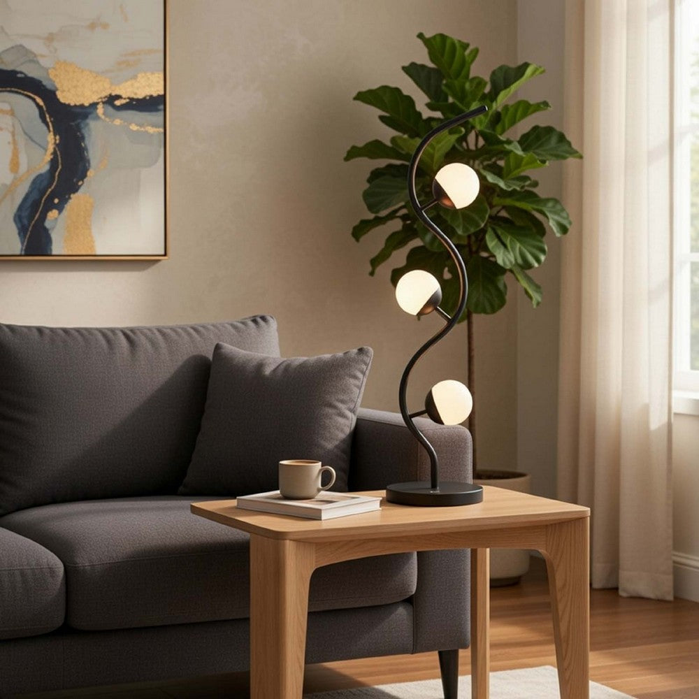 3 Light Table Lamp | Black Metal Wavy Base | Frosted White Glass | 32"