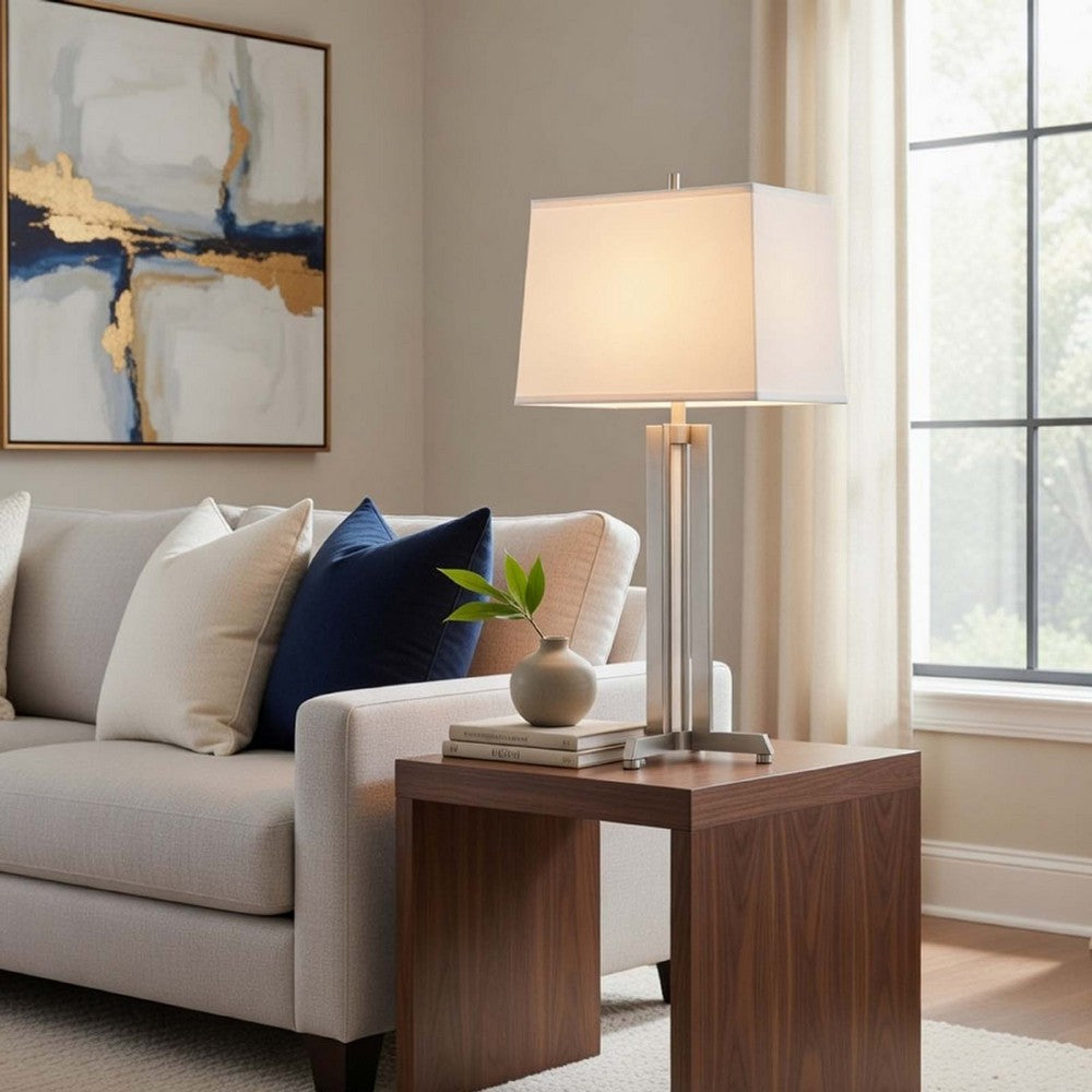 Liam Table Lamp | White Drum Shade | 30" Brushed Steel Footed Base