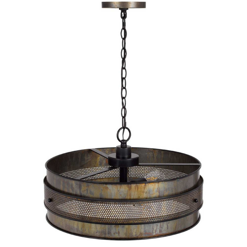 3 Light Chandelier | Industrial Drum Design | Aged Bronze Patina | 20"