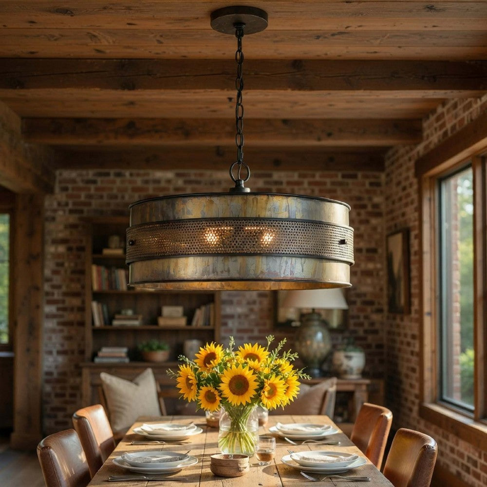 3 Light Chandelier | Industrial Drum Design | Aged Bronze Patina | 20"