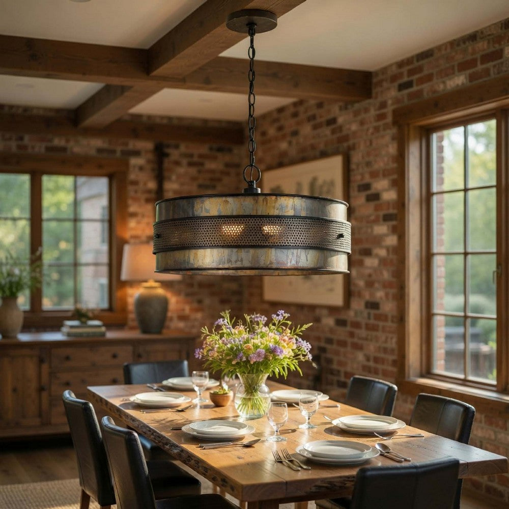 3 Light Chandelier | Industrial Drum Design | Aged Bronze Patina | 20"