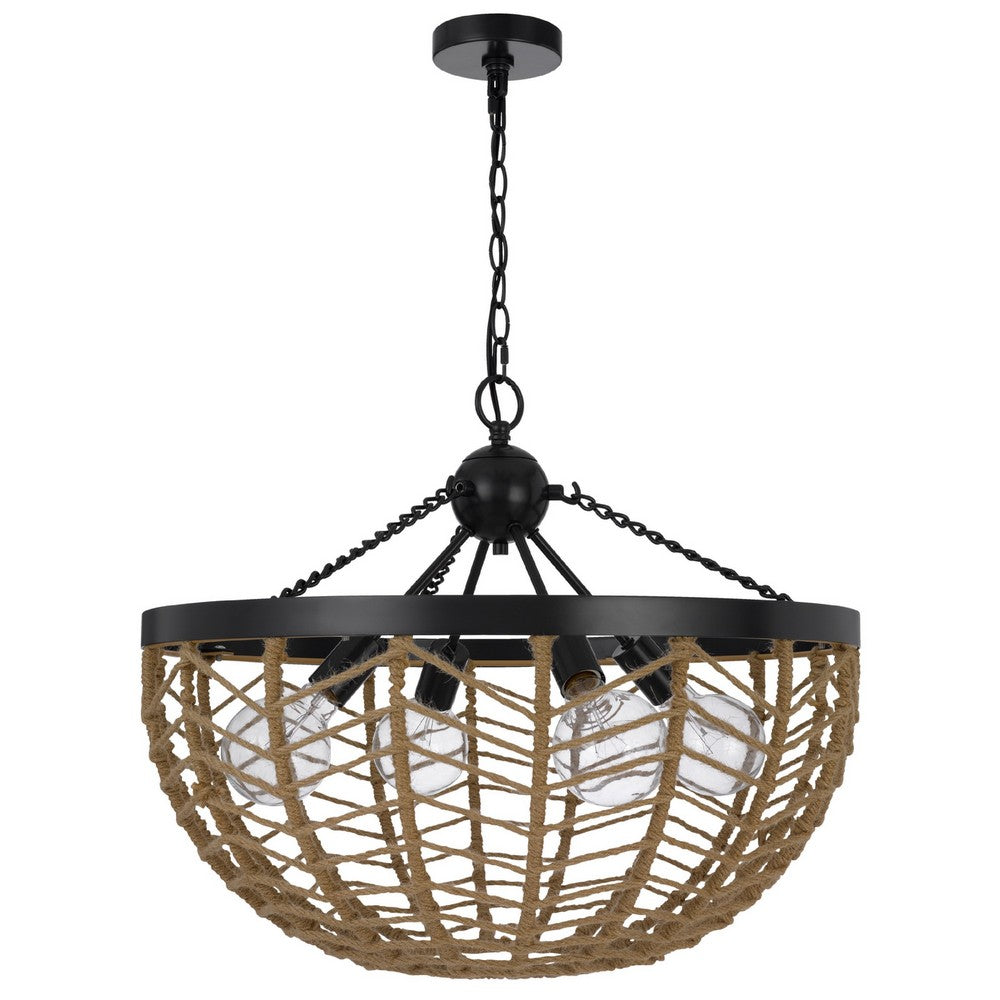 4-Light Dome Style Pendant Chandelier | Burlap Rope | 25" Black