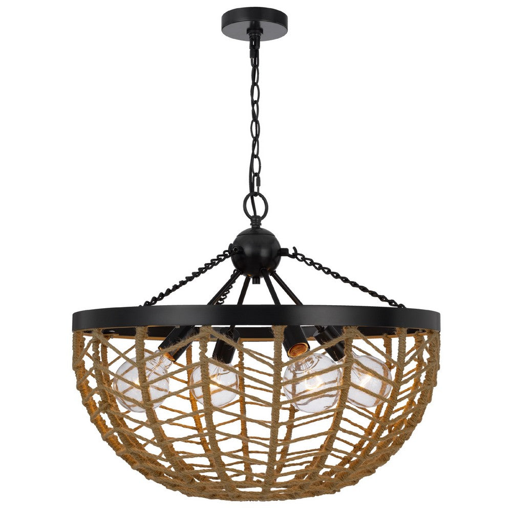 4-Light Dome Style Pendant Chandelier | Burlap Rope | 25" Black