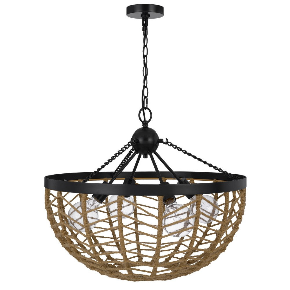 4-Light Dome Style Pendant Chandelier | Burlap Rope | 25" Black