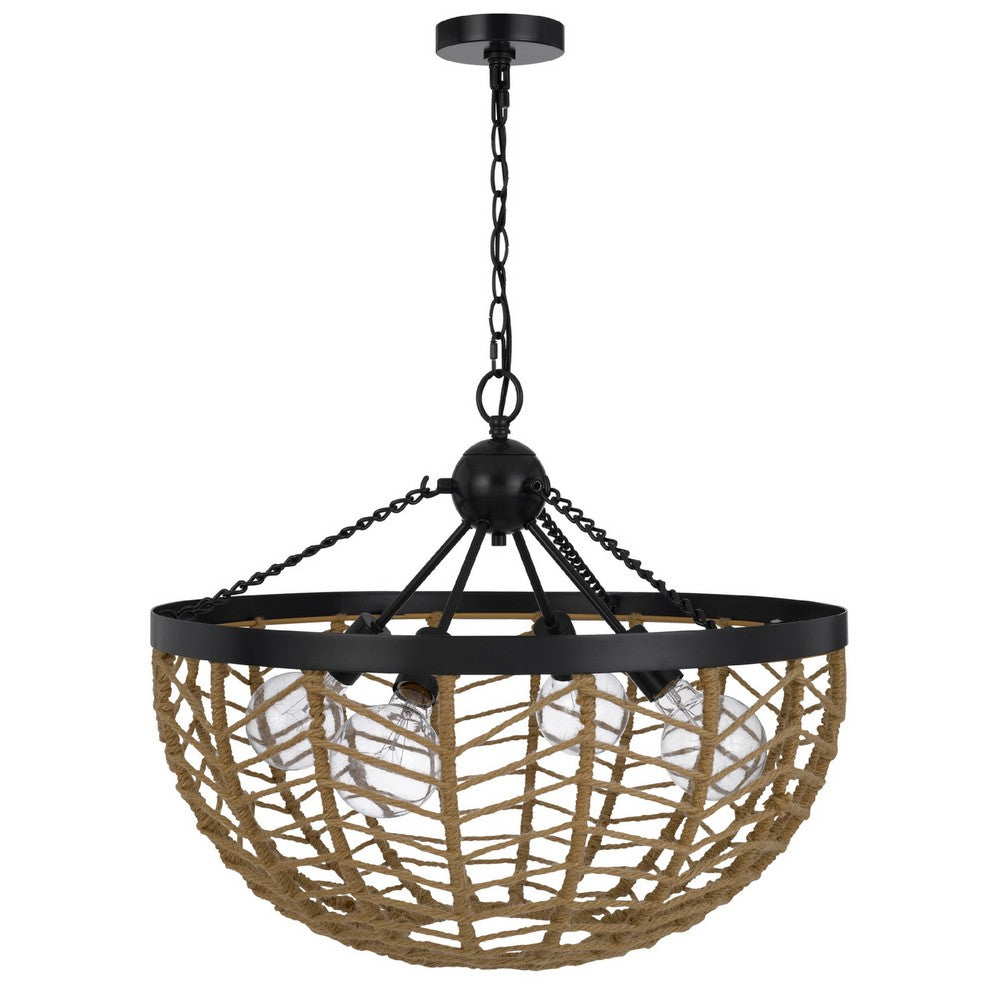 4-Light Dome Style Pendant Chandelier | Burlap Rope | 25" Black