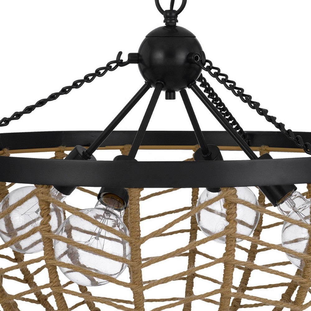 4-Light Dome Style Pendant Chandelier | Burlap Rope | 25" Black
