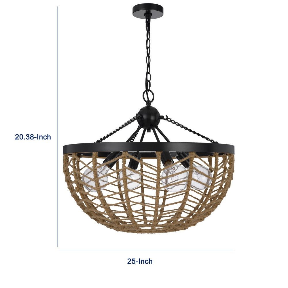 4-Light Dome Style Pendant Chandelier | Burlap Rope | 25" Black