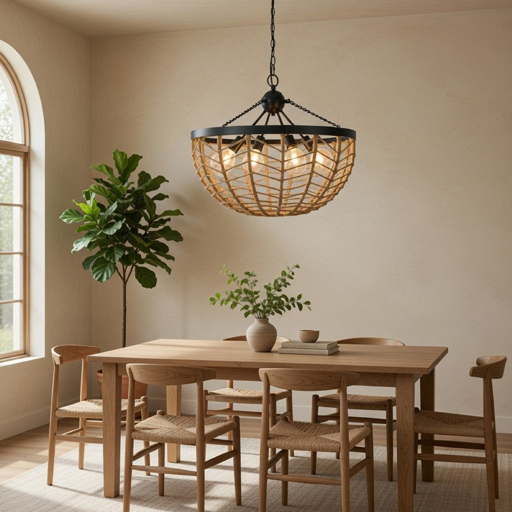 4-Light Dome Style Pendant Chandelier | Burlap Rope | 25" Black