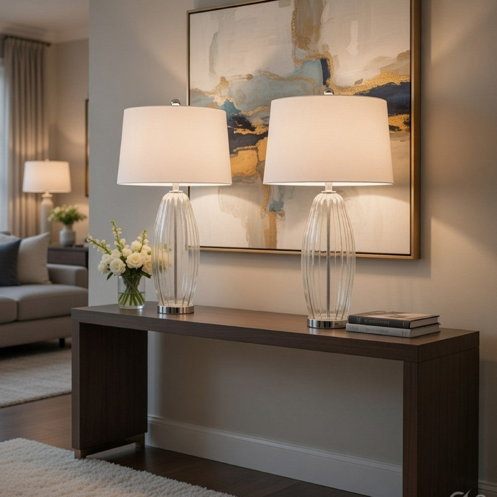 Table Lamp Set of 2 | Bullet Shaped Clear Glass | Off White Drum Shade