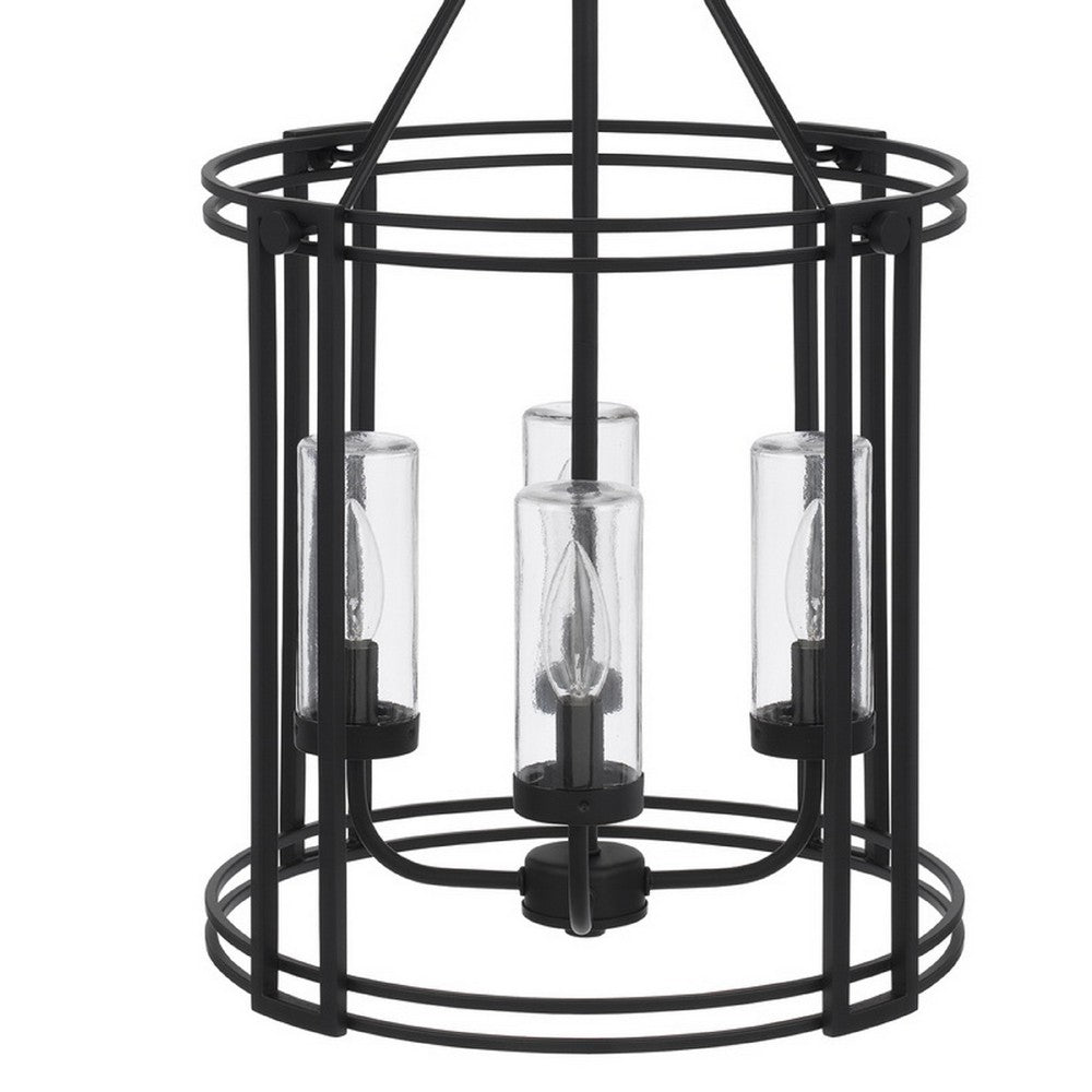 4-Light Chandelier with Clear Glass Shades | 26" Black Round Cage