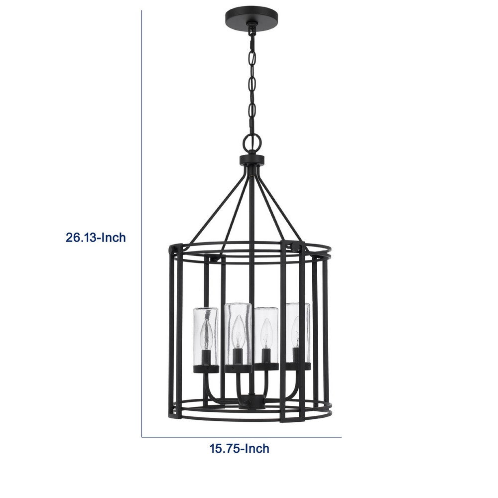 4-Light Chandelier with Clear Glass Shades | 26" Black Round Cage