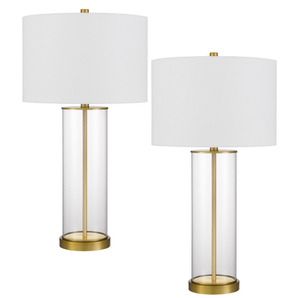 Table Lamp Set of 2 | Off White Shade | Round Glass Base | Brass Accents