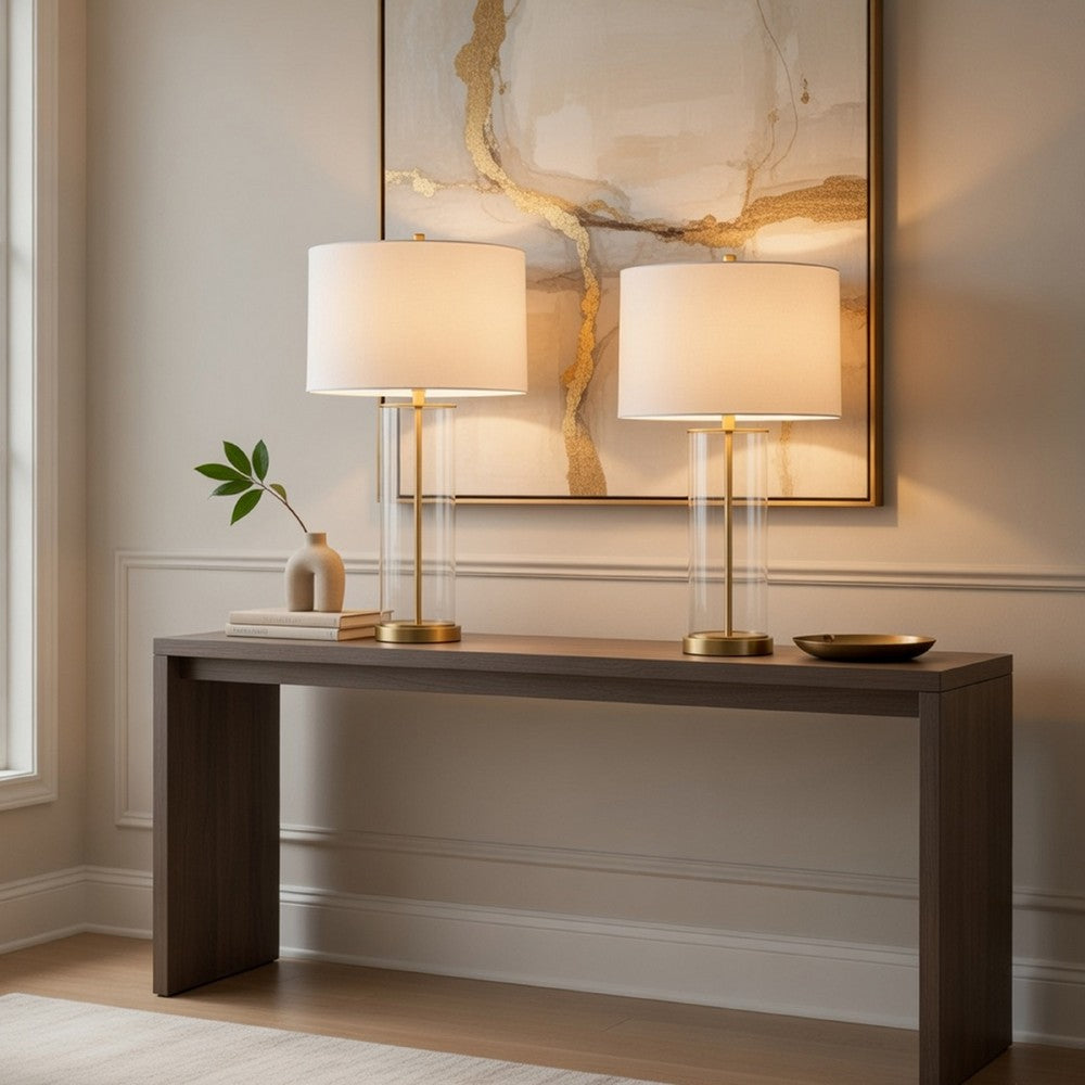 Table Lamp Set of 2 | Off White Shade | Round Glass Base | Brass Accents