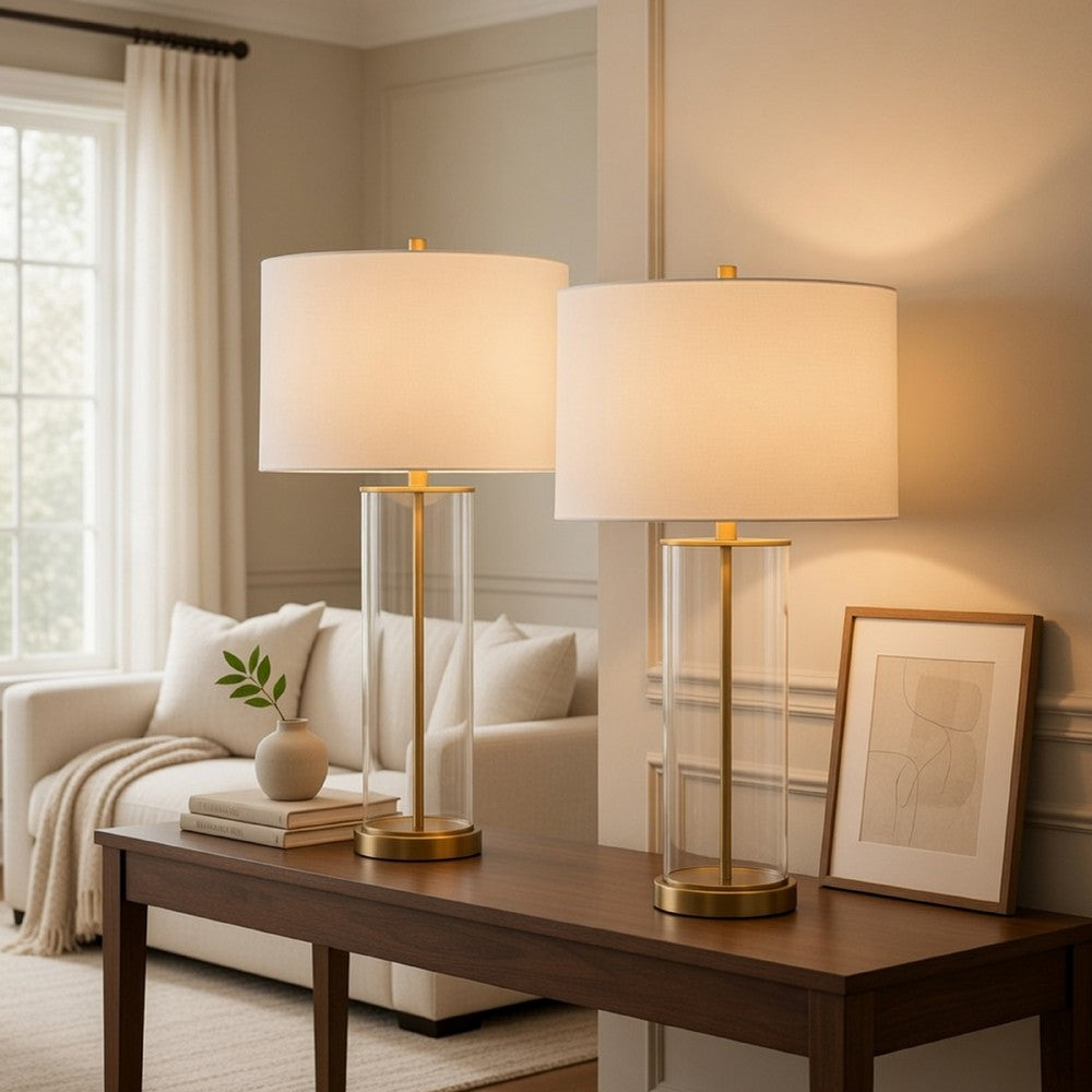 Table Lamp Set of 2 | Off White Shade | Round Glass Base | Brass Accents