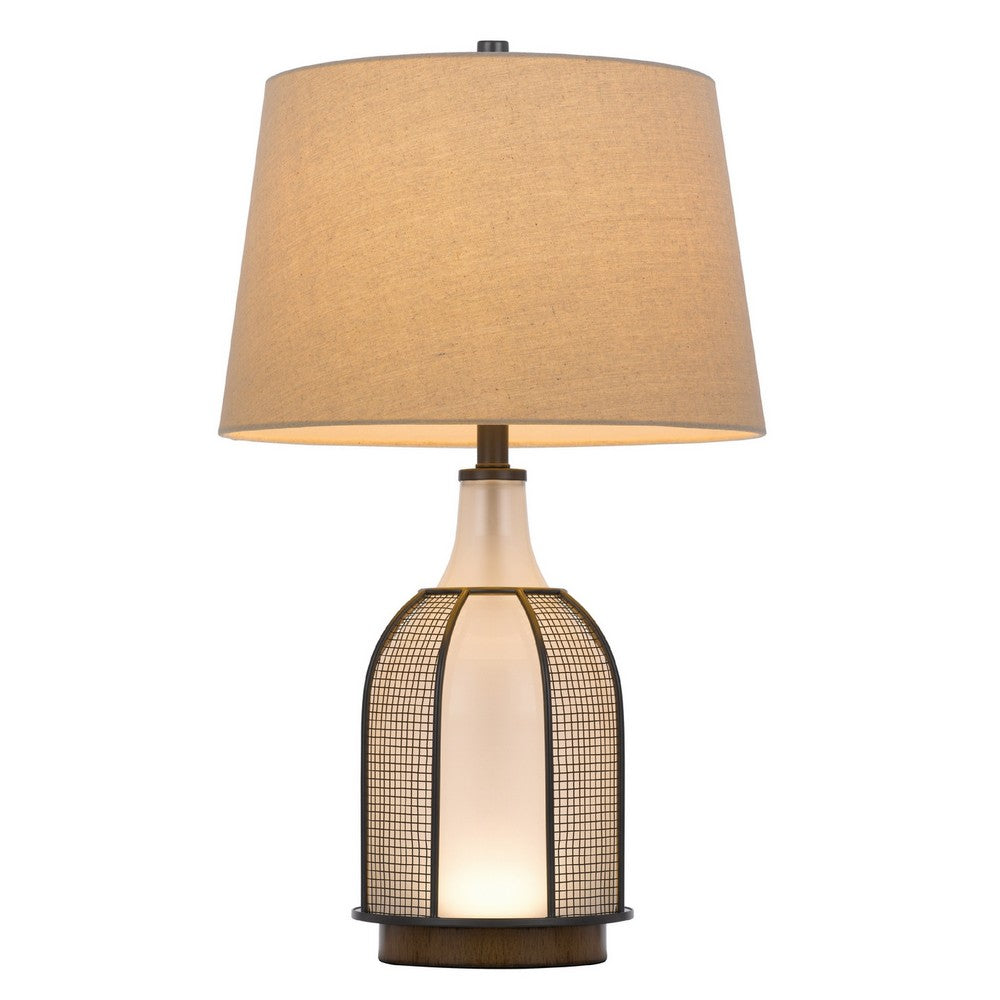 Table Lamp | Oatmeal Linen Shade | Frosted White Glass with Black Mesh