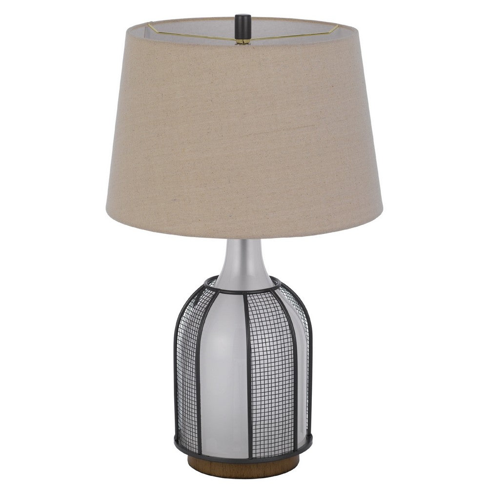Table Lamp | Oatmeal Linen Shade | Frosted White Glass with Black Mesh
