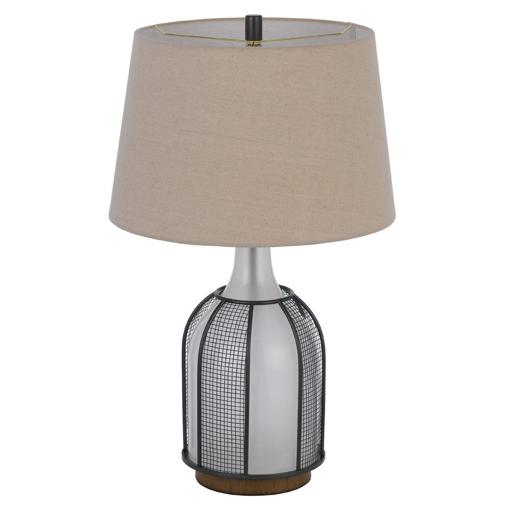 Table Lamp | Oatmeal Linen Shade | Frosted White Glass with Black Mesh