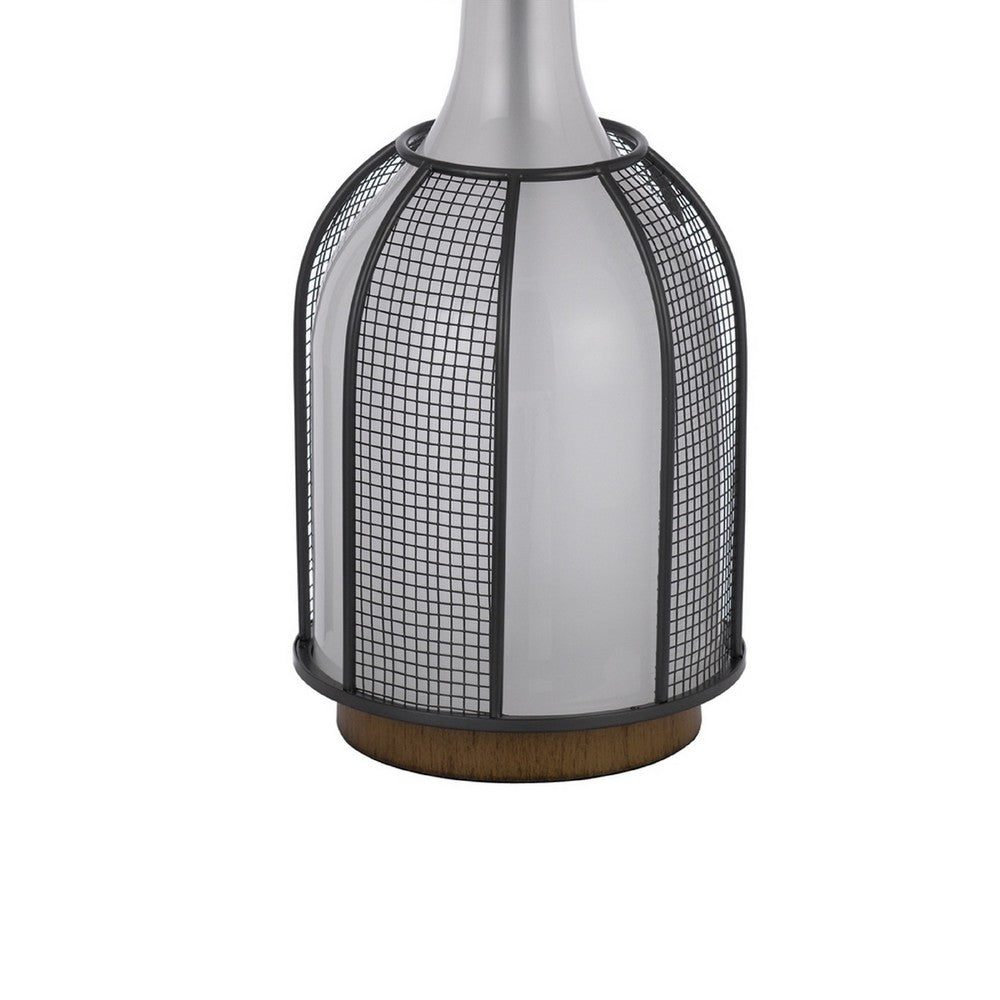 Table Lamp | Oatmeal Linen Shade | Frosted White Glass with Black Mesh