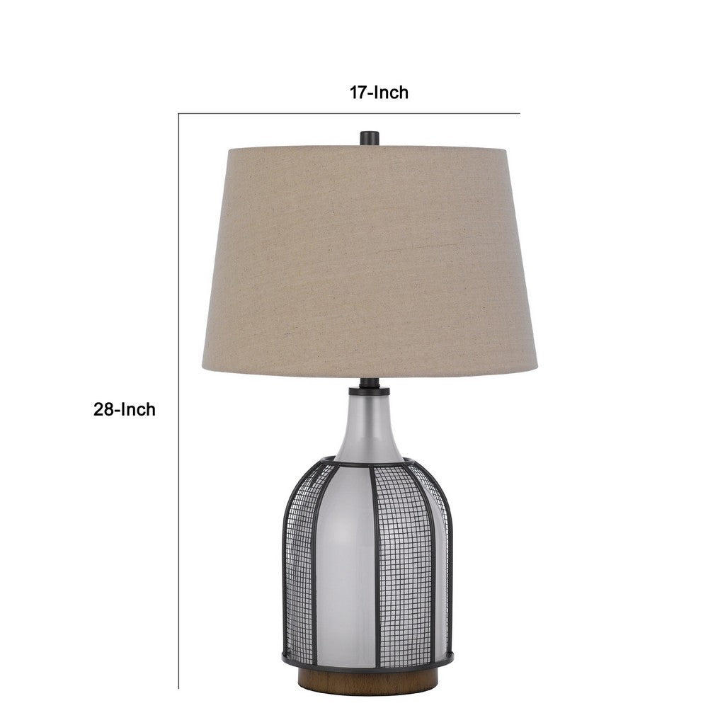 Table Lamp | Oatmeal Linen Shade | Frosted White Glass with Black Mesh