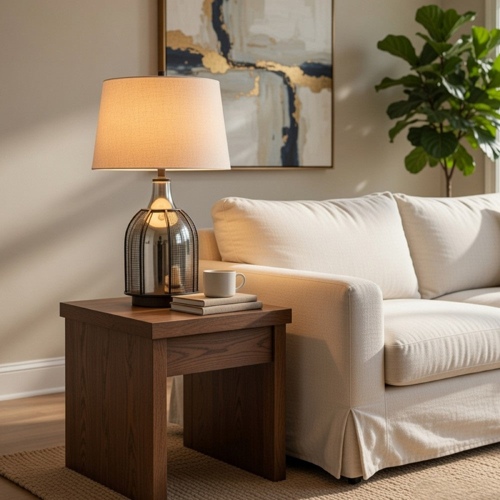 Table Lamp | Oatmeal Linen Shade | Frosted White Glass with Black Mesh