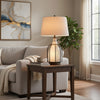 Table Lamp | Oatmeal Linen Shade | Frosted White Glass with Black Mesh
