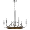 6-Light Candelabra Chandelier with LED | Chrome & Oak Wood | 26"