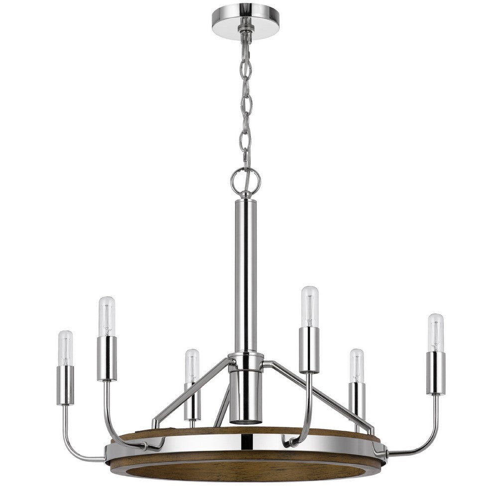 6-Light Candelabra Chandelier with LED | Chrome & Oak Wood | 26"