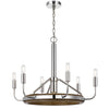 6-Light Candelabra Chandelier with LED | Chrome & Oak Wood | 26"